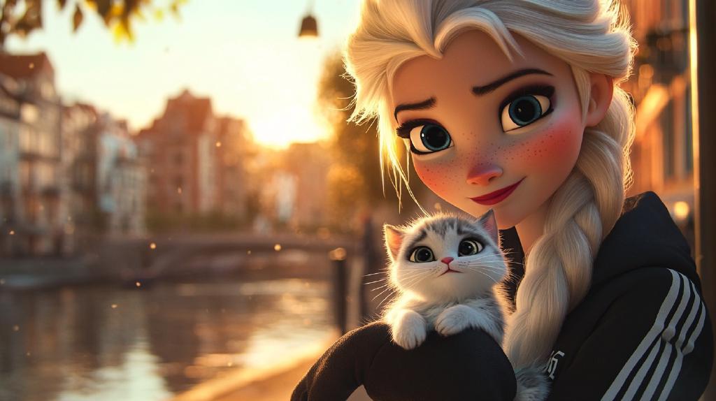 Girl with a Kitten at Sunset