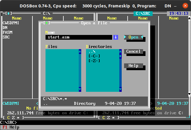 Окно DOSBox создание файла