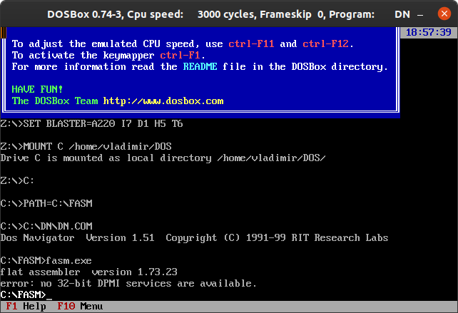 Окно DOSBox с ошибкой flat assembler