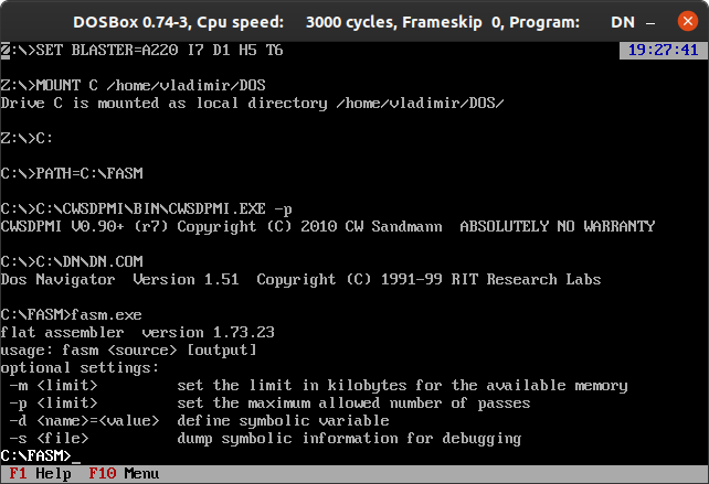 Окно DOSBox с результатом запуска flat assembler