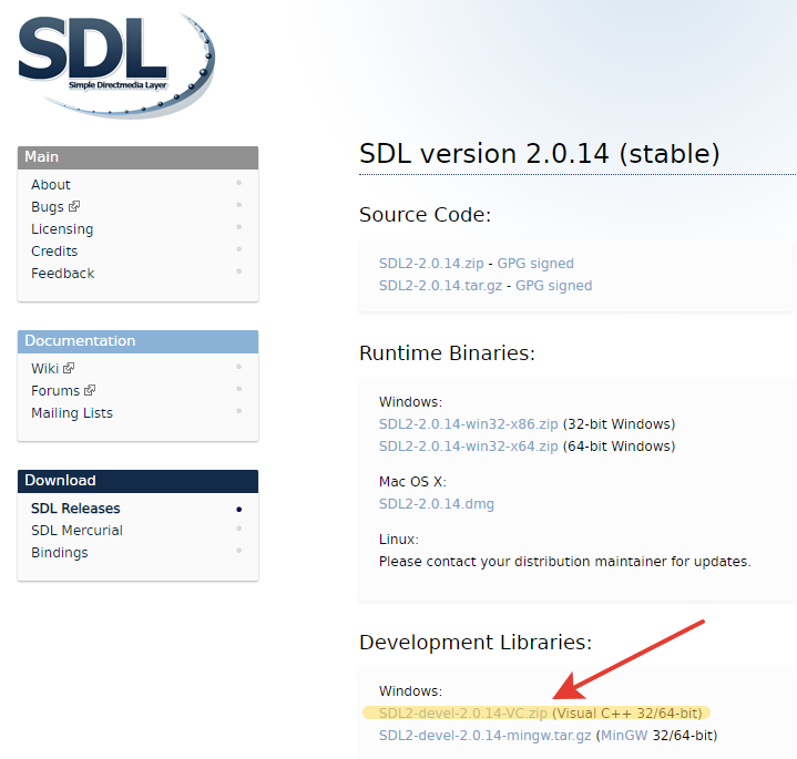 Далее необходимо скачать библиотеку SDL2.