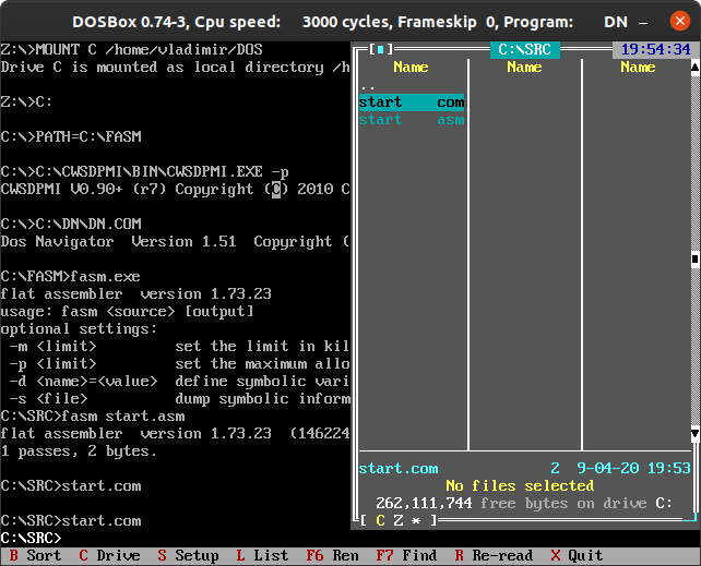 Окно DOSBox скомпилированный файл